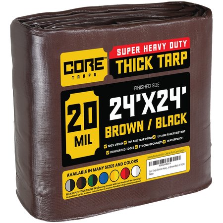 Core Tarps 24 ft L x 0.5 mm H x 24 ft W Heavy Duty 20 Mil Tarp, Brown/Black, Polyethylene CT-702-24X24